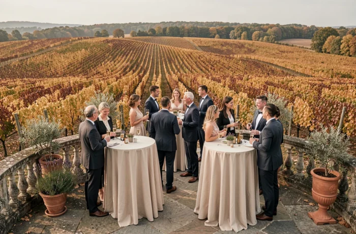 Cocktail de mariage en plein air sur la terrasse d'un domaine viticole en Seine-et-Marne avec vue sur les vignes en automne