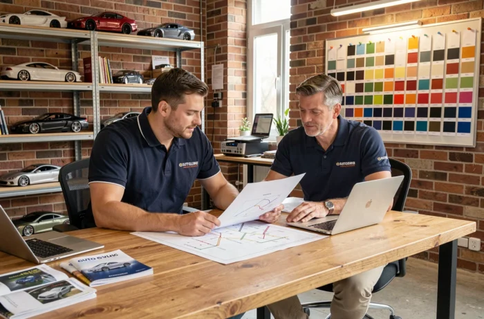 Deux professionnels du secteur automobile collaborant sur un plan de navigation de site web styling auto dans un bureau créatif