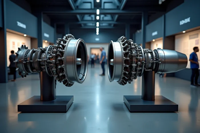 Comparaison technique entre un moteur civil et un moteur militaire exposés dans un musée aéronautique