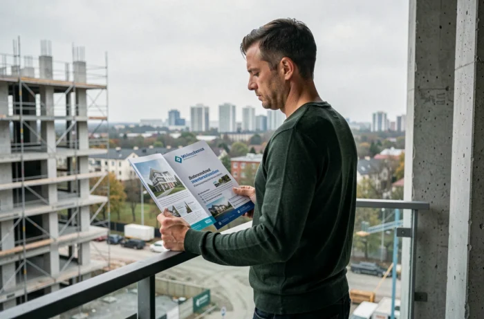 Homme comparant des brochures de promoteurs immobiliers sur un chantier de construction résidentielle
