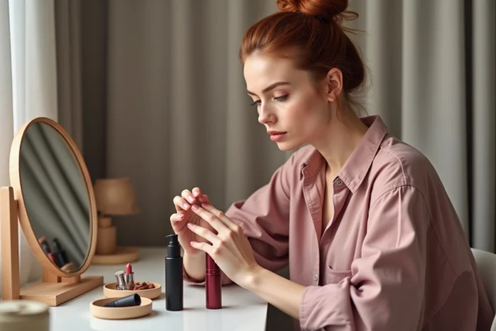 Jeune femme comparant un rouge à lèvres satiné et un spray fixateur mat sur une coiffeuse en bois dans une chambre épurée