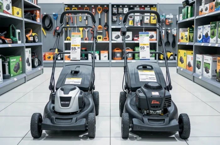 Comparaison de deux tondeuses électriques en magasin avec étiquettes de prix, tarifs 2024