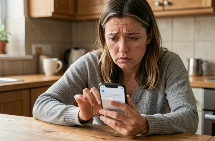 Femme inquiète regardant un message d'erreur sur l'application bancaire LCL depuis son smartphone