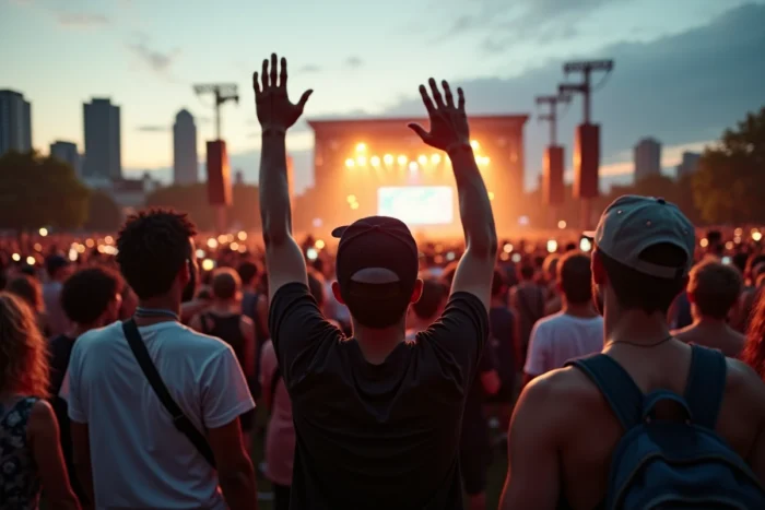 Foule enthousiaste lors d'un concert de rap en plein air, illustrant l'influence mondiale de la culture hip-hop