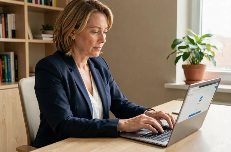 Femme professionnelle connectée à l'intranet iad France depuis son bureau à domicile avec un laptop moderne