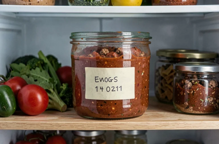 Boîte en verre hermétique contenant une sauce bolognaise maison conservée au réfrigérateur, avec date inscrite au marqueur sur le couvercle
