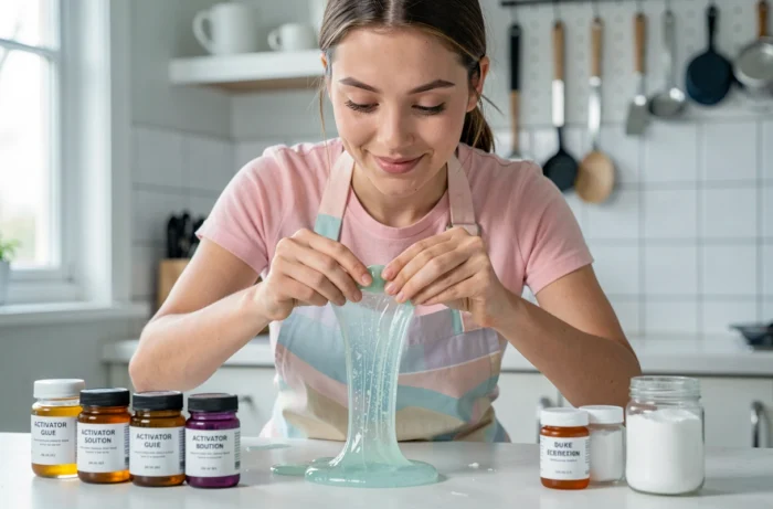 Jeune femme testant la consistance d'un slime épaissi en l'étirant entre ses mains dans une cuisine moderne avec des ingrédients posés sur le plan de travail