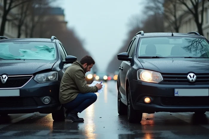 Deux voitures accidentées sur un boulevard parisien sous la pluie, conducteur remplissant un constat amiable