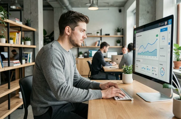 Consultant en marketing B2B analysant un tableau de bord de génération de leads sur un écran dans un espace de coworking parisien