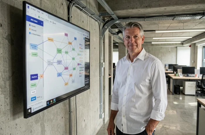 Consultant SEO debout devant un grand écran affichant une architecture de sitemap XML dans un bureau de type agence digitale