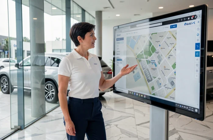 Consultante en styling auto présentant un plan de site digital sur écran tactile dans un showroom automobile contemporain