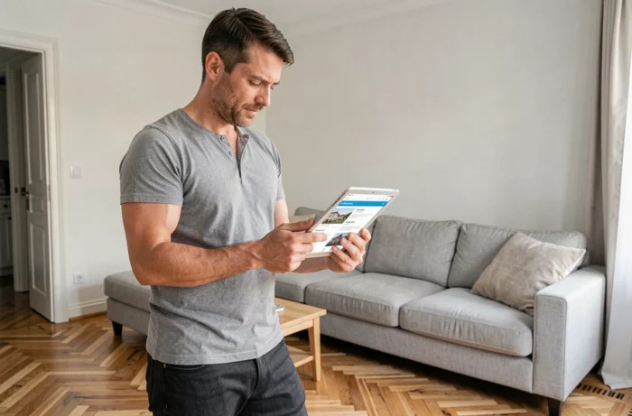 Homme consultant le plan du site d'un promoteur immobilier sur une tablette dans un appartement rénové