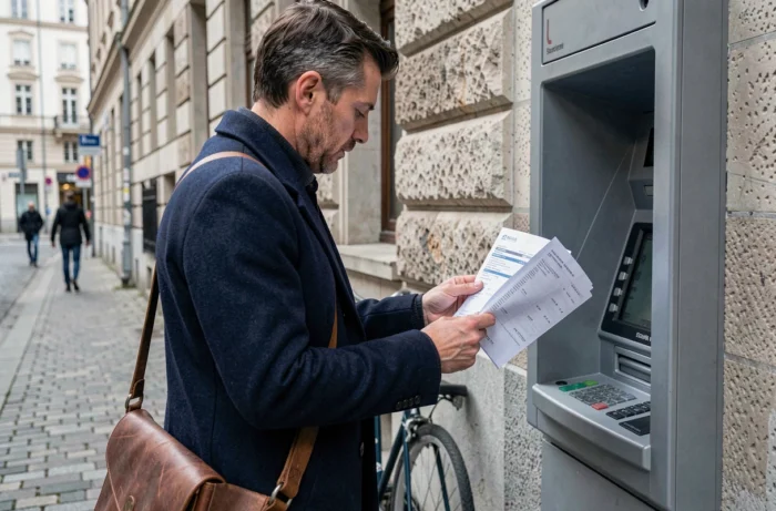 Homme consultant un relevé bancaire devant un distributeur automatique en ville