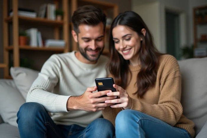 Couple consultant une offre d'accès provisoire Free 24h sur un smartphone dans leur salon