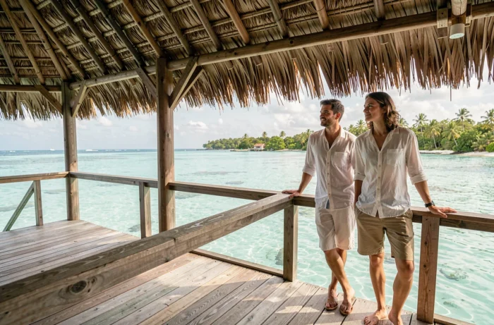 Couple profitant de la vue depuis un bungalow sur pilotis dans un lagon tropical