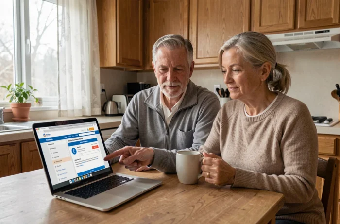 Couple senior choisissant leur mutuelle santé sur ordinateur dans la cuisine