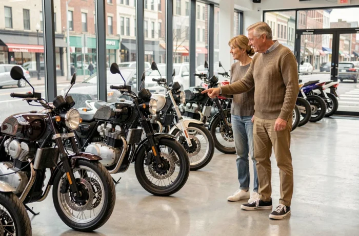 Couple de quinquagénaires en train de choisir une moto dans une concession, entourés de plusieurs modèles exposés en showroom