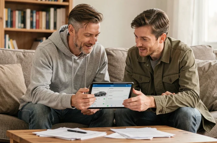 Couple comparant des voitures d'occasion sur une tablette numérique dans leur salon