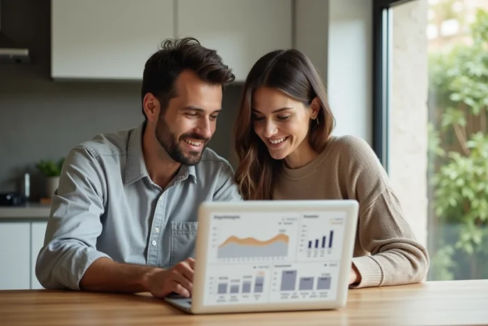 Couple consultant une analyse du marché immobilier sur ordinateur portable pour estimer la valeur de leur maison
