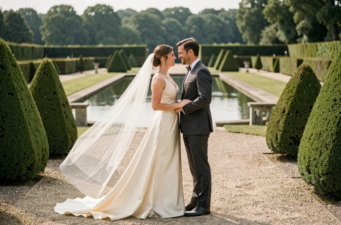 Mariés en tête-à-tête dans le jardin à la française d'un domaine d'exception en Île-de-France avec pièce d'eau et topiaires
