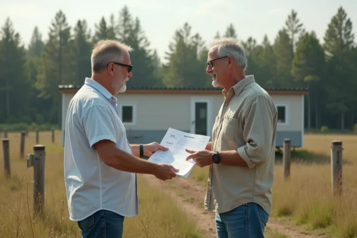 Couple consultant un permis d'installation pour un mobil home sur terrain naturel avec des piquets de bornage visibles