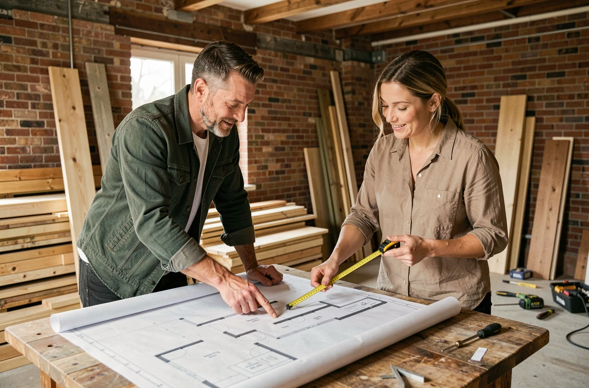 Couple étudiant un plan d'aménagement intérieur dans un espace en cours de rénovation