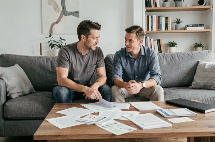Couple planifiant leurs finances personnelles ensemble dans un salon moderne avec des documents budgétaires