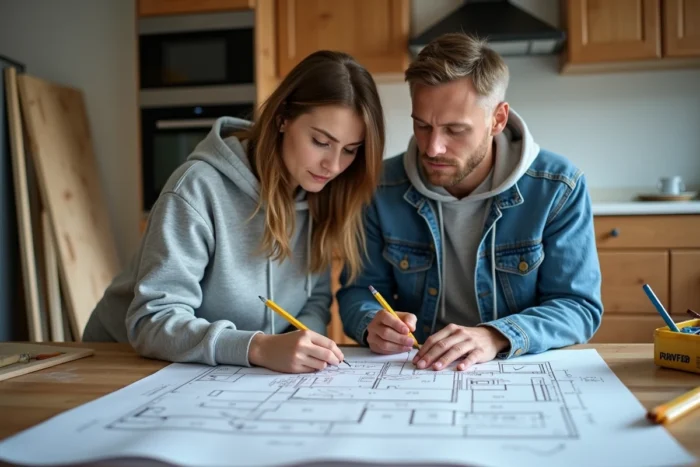 Couple examinant des plans de rénovation dans une cuisine en cours de travaux