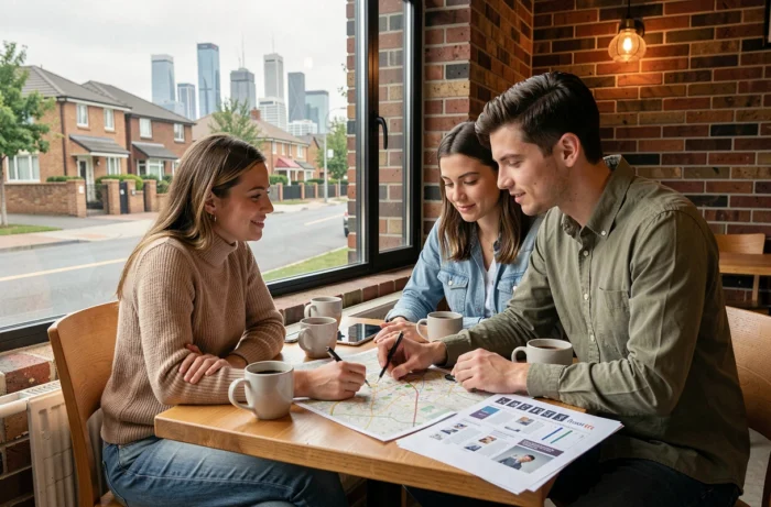 Jeune couple professionnel étudiant une carte dans un café en zone périurbaine, planifiant leur vie entre deux grandes villes pour optimiser leurs opportunités de carrière