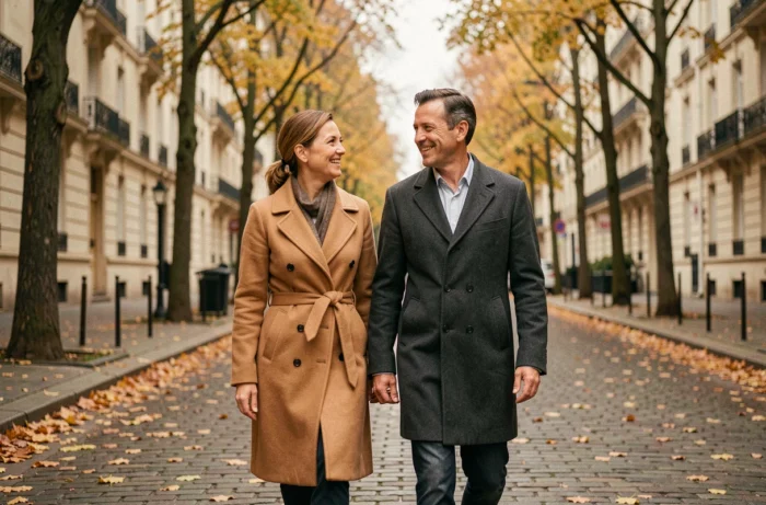 Couple élégant se promenant sur une rue parisienne en automne, ambiance vie privée et complicité