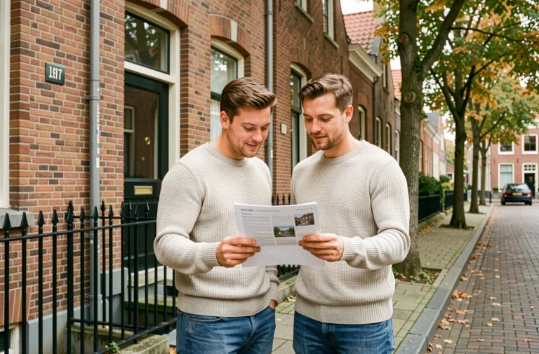 Couple belge devant une maison en briques à Bruxelles consultant une fiche immobilière