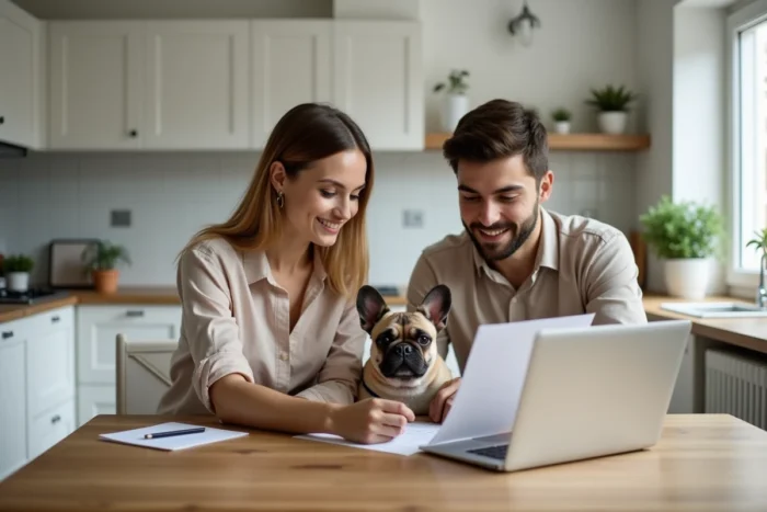 Couple consultant des documents d'assurance sur un ordinateur portable avec leur bouledogue français dans une cuisine moderne, illustrant la souscription d'une assurance pour animaux de compagnie