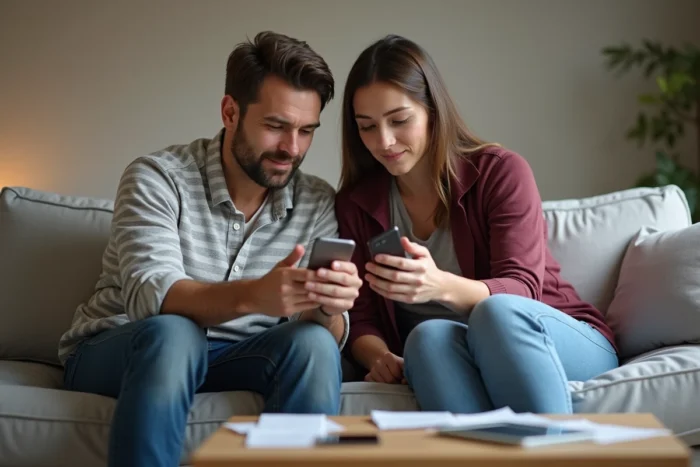 Couple vérifiant la sécurité de leur compte bancaire sur un smartphone à la maison