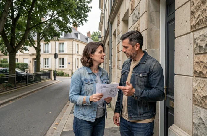 Couple visitant la façade d'un immeuble résidentiel lors d'une visite immobilière en banlieue