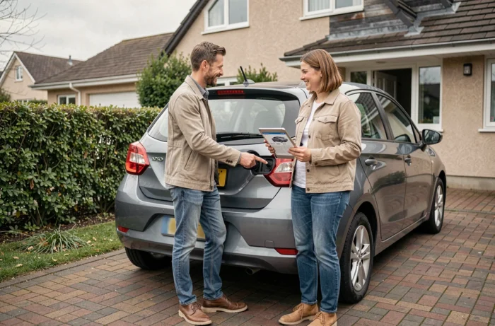 Couple comparant les options de recharge d'une voiture hybride dans une allée résidentielle