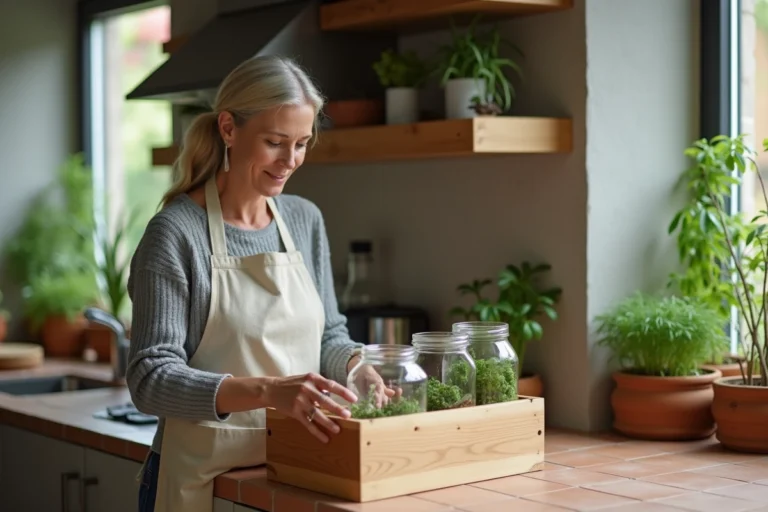 Femme triant des bocaux en verre et des contenants réutilisables dans une cuisine moderne et écologique avec des étagères en bois et des herbes aromatiques