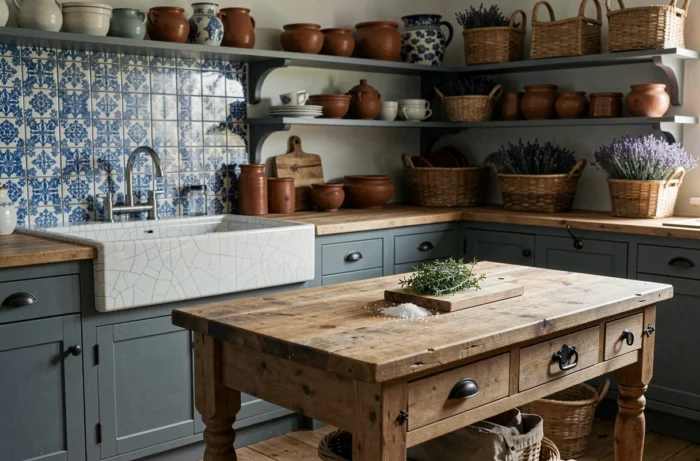 Cuisine bretonne traditionnelle avec faïence bleue et blanche, poterie de Quimper et îlot en chêne massif