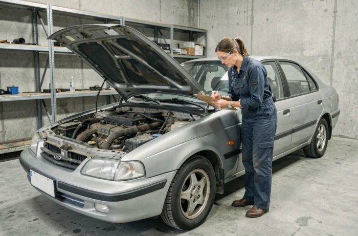 Daewoo Espero gris des années 1990 dans un atelier industriel avec capot ouvert et historienne automobile prenant des notes