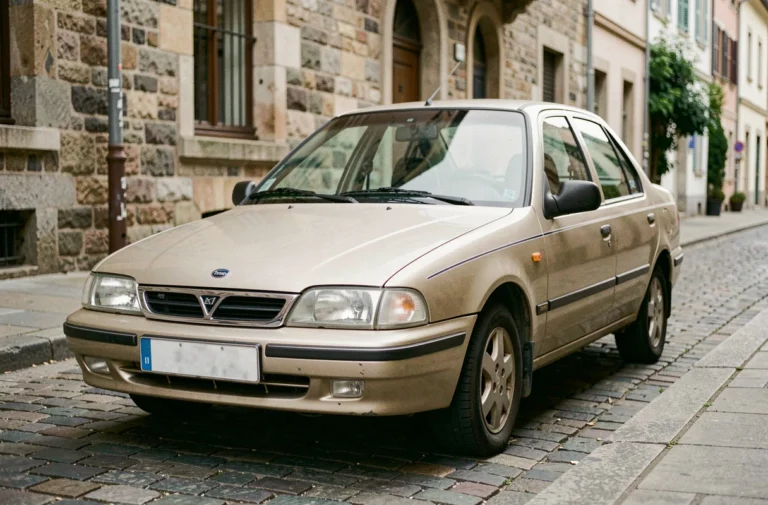 Daewoo Lanos beige des années 1990 garé sur une rue pavée européenne, vue trois quarts avant au ras du sol