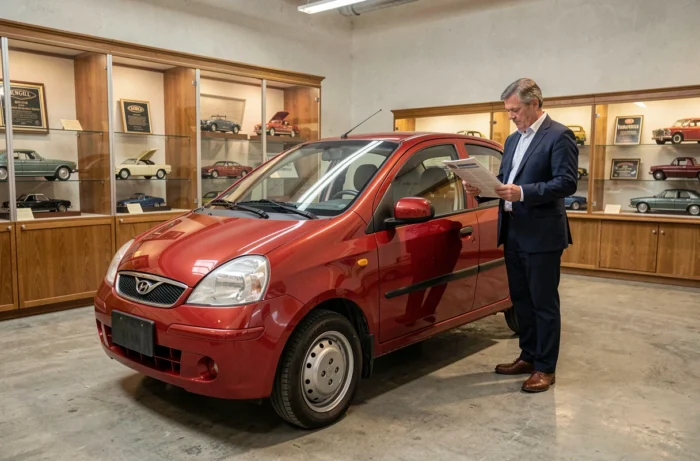 Daewoo Matiz rouge exposé dans un musée automobile avec un conservateur consultant un panneau d'information