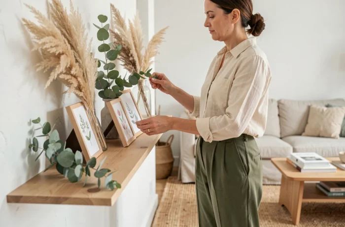 Femme arrangeant une décoration murale avec plantes séchées et cadres botaniques sur une étagère dans un salon scandinave
