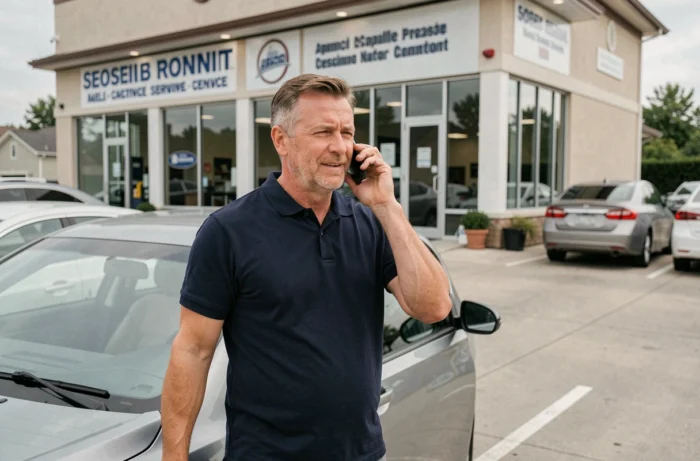 Homme au téléphone pour déplacer un rendez-vous de réparation de pare-brise devant un centre Carglass