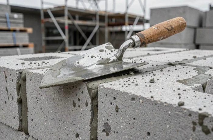 Gros plan sur des parpaings banchs avec joints de mortier frais et truelle de maçon sur un chantier de construction