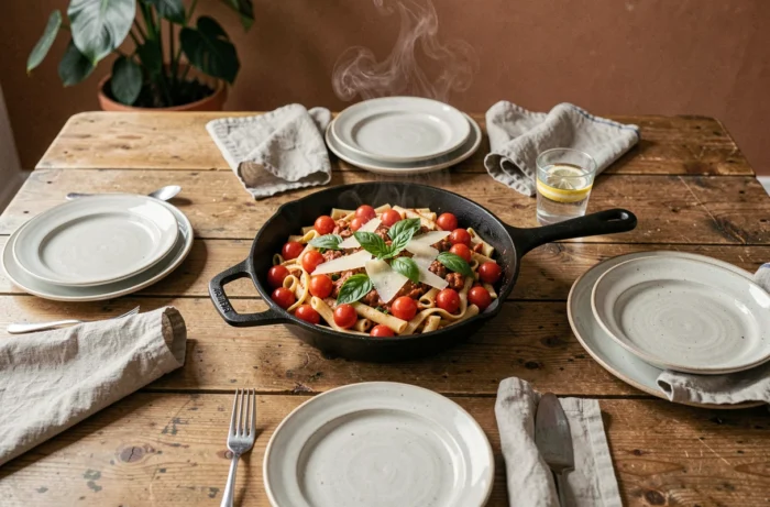 Table dressée pour un dîner en semaine avec une poêle de pasta aux tomates cerises et basilic, vaisselle en céramique et serviettes en lin