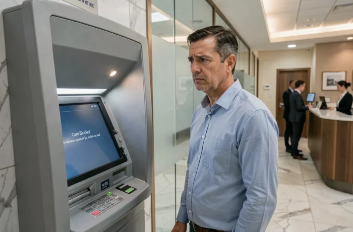 Homme face à un distributeur automatique affichant un message de carte bloquée dans une agence bancaire