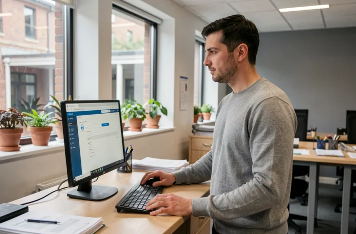 Enseignant masculin accédant au webmail Académie de Nantes depuis un ordinateur de bureau en salle administrative