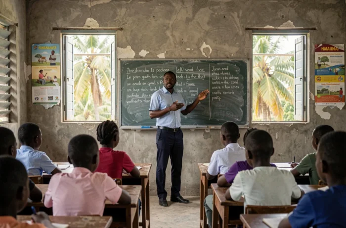 Enseignant jamaïcain devant un tableau noir avec des notes en anglais et en patois créole, illustrant le bilinguisme scolaire en Jamaïque