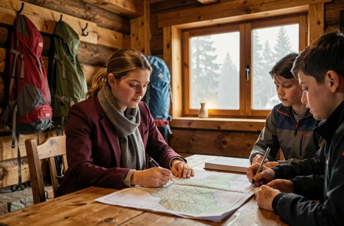Enseignante et élèves étudiant une carte topographique dans un refuge de montagne en classe verte
