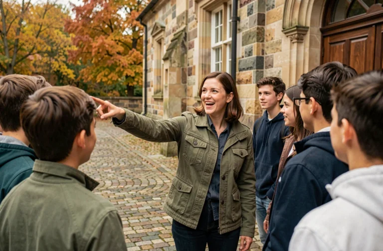 Enseignante guidant ses élèves lors d'une sortie scolaire devant un musée historique
