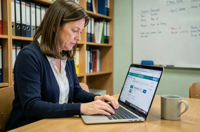 Enseignante connectée à son webmail académique sur un ordinateur portable dans une salle des professeurs